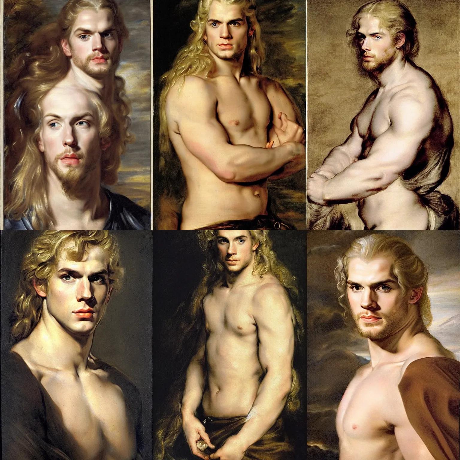 KREA - portrait of a young pale androgynous Henry Cavill with long blond  hair and side braids by peter Paul rubens, very very very very pale white  skin platinum blond hair